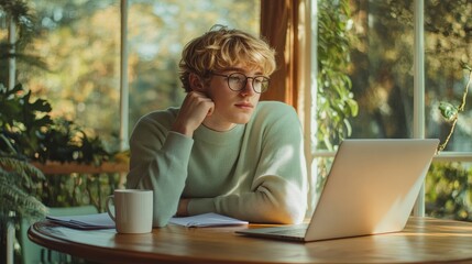 Poster - Young man with glasses engaged in creative work at a sunny table surrounded by greenery in the morning