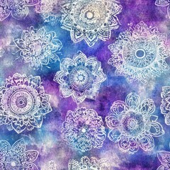 Leinwandbilder - Colorful watercolor doodle designs featuring intricate floral patterns on a vivid purple and blue background