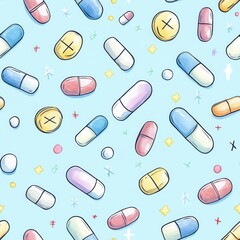 Aufkleber - Colorful doodle cartoon design featuring vibrant capsules and playful elements on a light blue background