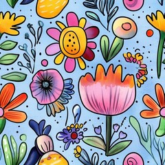 Poster - Playful watercolor doodle featuring vibrant flowers and whimsical foliage on a blue background