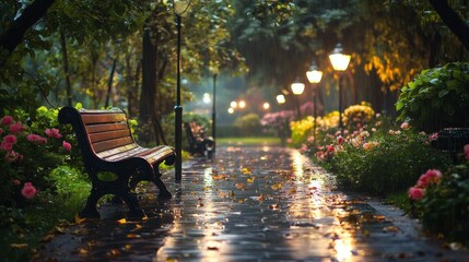 Poster - Polished park benches lined with blooming flowers under soft lamplight in a rain-soaked garden