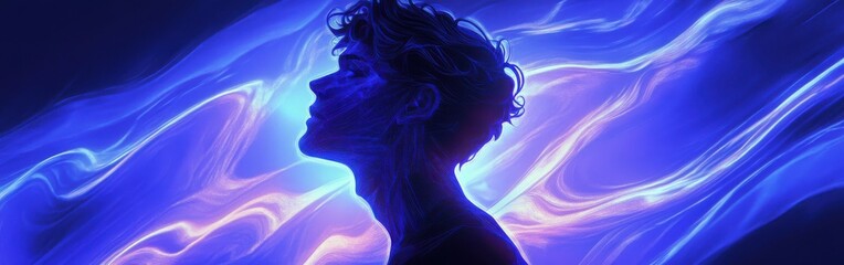 Poster - Mystical profile of a man surrounded by vibrant flowing colors in an otherworldly space