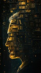 Aufkleber - Mystical profile filled with books showcasing knowledge and imagination in a surreal library setting