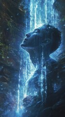 Aufkleber - Mystical profile of a man emerging from flowing water amidst a vibrant, ethereal landscape at twilight