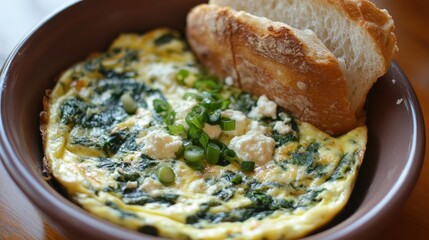 Aufkleber - Fresh spinach frittata served with crusty bread in a cozy cafe setting