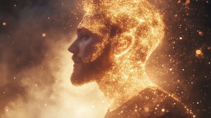 Aufkleber - Conceptual visualization of a man's profile surrounded by shimmering particles of light at twilight