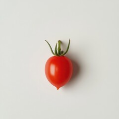 Poster - Bright red cherry tomato with fresh green stem resting on a white surface showcasing its vibrant color and texture