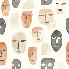 Poster - Calming watercolor cartoon doodles of abstract faces with soft colors and gentle expressions