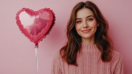 Joyful woman with heart balloon on pink background for valentine's day design