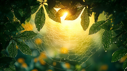 Wall Mural - dew-kissed spiderweb sunrise framed by leaves, idyllic nature scene, perfect for calming backgrounds