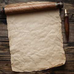 Crumpled parchment paper invites storytelling with a vintage wooden writing tool, evoking historical narratives on a rustic table