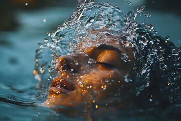 Wall Mural - Woman with closed eyes emerging from water with splashing water drops illuminated by golden light