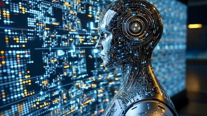 An artificial intelligence robot with digital circuits is analyzing data on a futuristic interface filled with glowing information