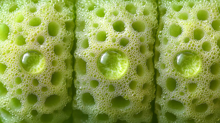 Wall Mural - close-up textured green plant surface with water droplets, detailed macro photography, nature backgr