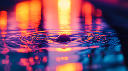 Poster - Abstract Water Ripples Vibrant Sunset Reflections Purple Blue Orange Art Red Glow Pink Drop Color   