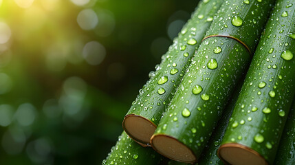 Wall Mural - Dew-covered bamboo stalks in a lush forest, ideal for nature or spa advertising