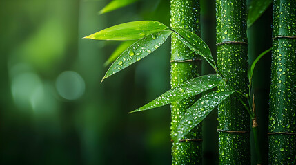 Wall Mural - dew-kissed bamboo stalks in a lush forest, showcasing serenity; ideal for wellness or nature-themed 