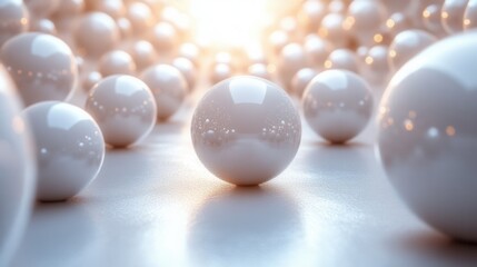 Poster - Close-up of glossy white spheres arranged in an abstract pattern with soft lighting effects
