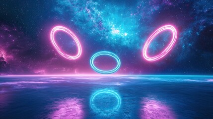 Wall Mural - Chakra Sci-Fi Motion, Vibrant Cosmic Landscape with Glowing Rings and Reflective Water Surface Under Starry Sky