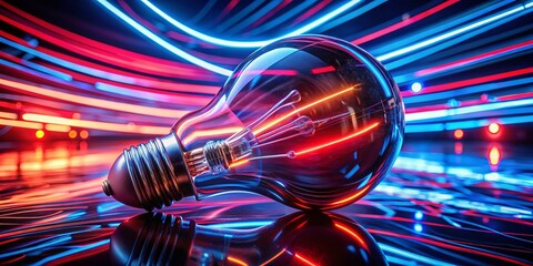 Aufkleber - Glowing Light Bulb with Red and Blue Neon Streaks - Night Photography Stock Photo