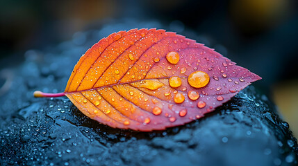 Wall Mural - autumn leaf, dew drops, dark stone, blurred background, nature wallpaper
