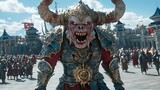 Horned figure in armor faces the camera, city background