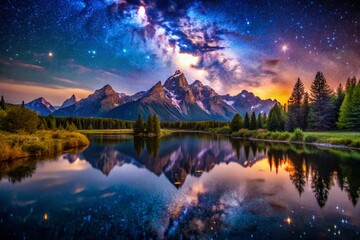 Wall Mural - Grand Teton National Park Long Exposure Starry Night Landscape Photography