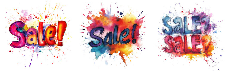 Poster - Three watercolor painted Sale announcements with colorful splashes and splatters on a black background.