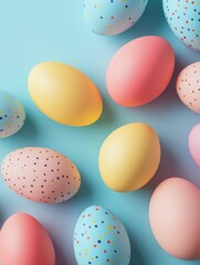 Wall Mural - Top view photo of easter decorations multicolored easter eggs on isolated pastel background. Colorful Easter Egg bottom border over a pastel paper banner background. Generative Ai