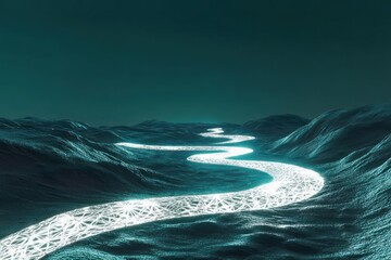 A glowing fractal river winding through a metallic silver alien desert under a dark teal sky