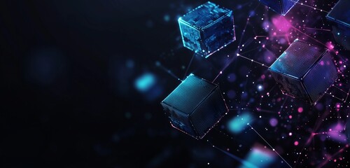 Poster - Abstract digital background with a glowing neon grid and cubes