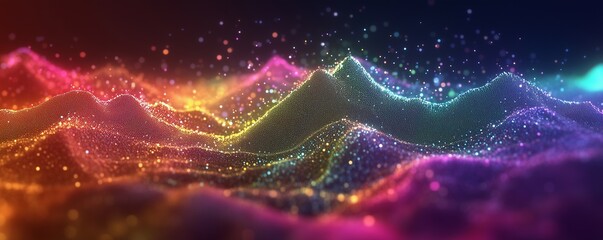 Poster - Abstract digital background with colorful glowing lines and dots forming an abstract mountain landscape