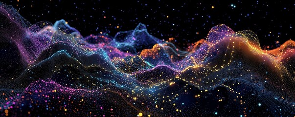Poster - An abstract digital data visualization of colorful lines and glowing dots forming the shape of mountains