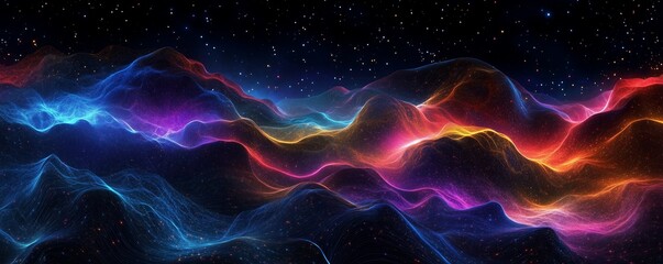 Poster - An abstract digital data visualization of colorful lines and glowing dots forming the shape of mountains