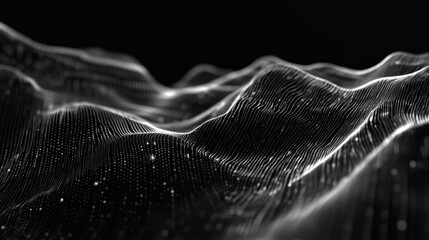 Poster - Abstract white waveform landscape against black background with digital points