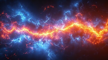 Poster - Bright Lightning Electrical Discharge with Dramatic Blue and Orange Colors Illuminating Dark Background in Abstract Design