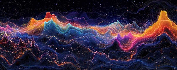 Poster - An abstract digital data visualization of colorful lines and glowing dots forming the shape of mountains