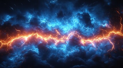 Poster - Stunning Electrical Lightning Discharge over Dramatic Cloudscape with Vibrant Blue and Orange Colors Capturing Nature's Power in Motion