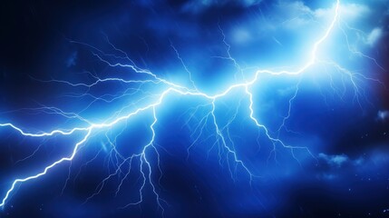 Poster - Intense Blue Lightning Striking Through Dark Clouds, Illuminating the Night Sky with Dramatic Electric Energy and Natural Power