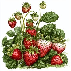 Wall Mural - Fresh and Ripe Strawberries Surrounded by Lush Green Leaves in a Bright and Vibrant Garden Setting