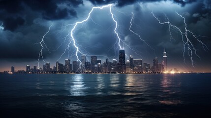 Poster - Dramatic Lightning Strike Over City Skyline Reflected on Water Under Night Sky with Dark Clouds and Electric Atmosphere