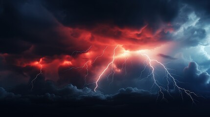 Poster - Dramatic Stormy Sky with Bright Red Lightning Illuminating Dark Clouds Creating a Captivating Atmosphere of Nature's Power