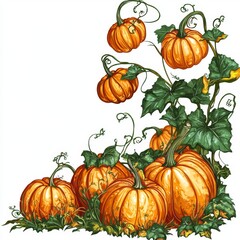 Wall Mural - Vibrant Orange Pumpkins Surrounded by Lush Green Leaves on a White Background Perfect for Fall Decor and Autumn Illustrations