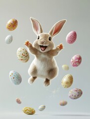 happy easter bunny jumping with joy with many easter eggs