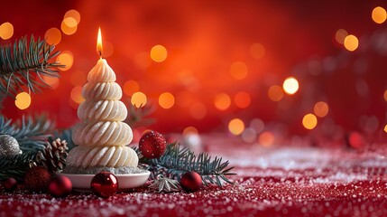 Aufkleber - An up-close view Golden Christmas objects pine departs and a white candle light in the shape of a Christmas tree are displayed on an even red background with a large writing area, Generative AI.