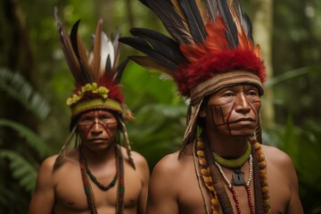 Indigenous people in traditional feathered headdresses amidst a lush green rainforest background