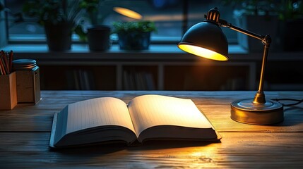 Wall Mural - A close-up of a desk lamp casting a gentle light on a notebook. 