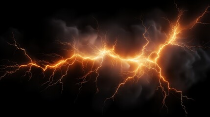 Poster - Dramatic Lightning Bolt with Fiery Orange Glow Striking Through Dark Clouds on a Transparent Background for Creative Projects