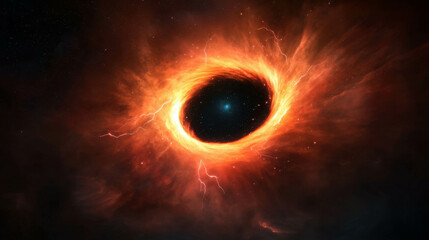 Poster - Dramatic Cosmic Event: Black Hole Colliding with Surrounding Matter in a Vivid Space Scene