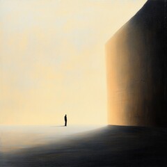 Poster - Solitary Figure in Surreal Landscape with Abstract Monolith and Soft Light